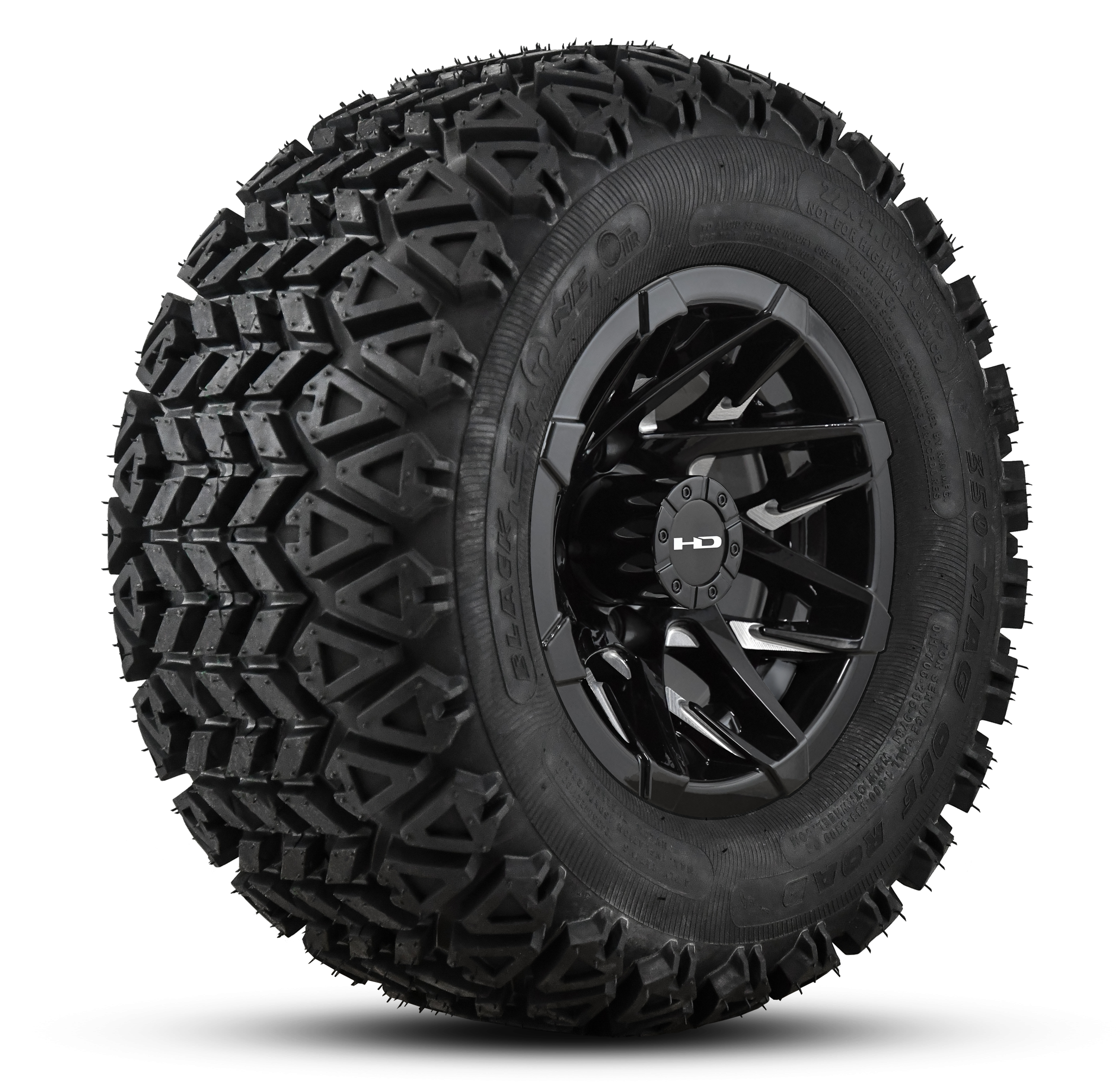 Shop the HD Golf Wheels CANYON Gloss Black Milled Face with A/T Off-Road Tires online today for your Club Car, Cushman, EZGO, ICON EV, Garia, Massimo, Polaris, or Yamaha Golf Cart.