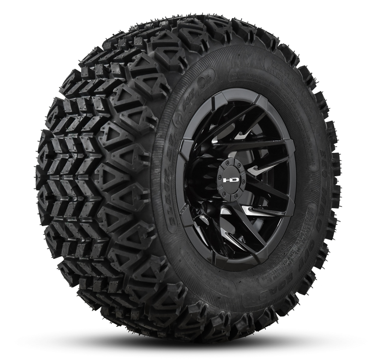Shop the HD Golf Wheels CANYON Gloss Black Milled Face with A/T Off-Road Tires online today for your Club Car, Cushman, EZGO, ICON EV, Garia, Massimo, Polaris, or Yamaha Golf Cart.