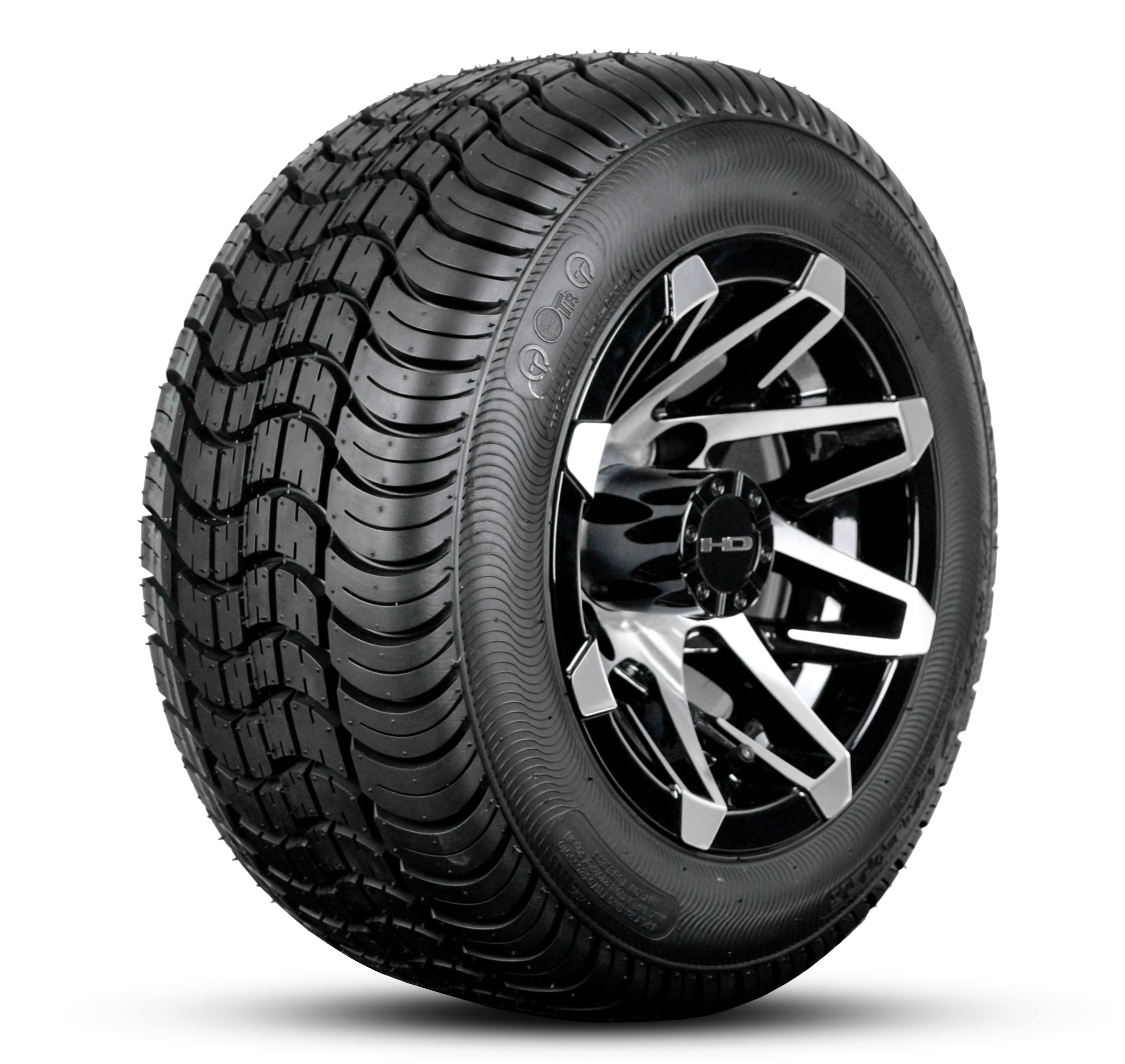 Shop the HD Golf Wheels CANYON Satin Black Machined Face with Turf / Street Tires online today for your Club Car, Cushman, EZGO, ICON EV, Garia, Massimo, Polaris, or Yamaha Golf Cart.