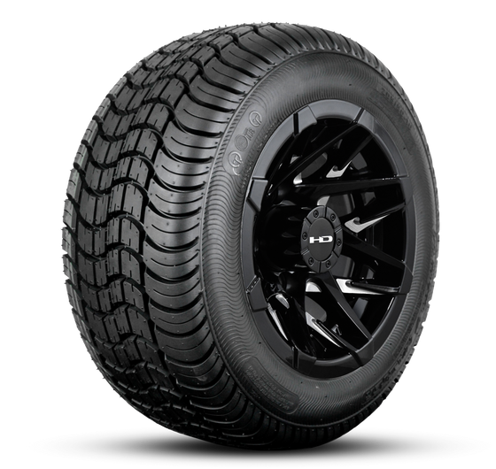 Shop the HD Golf Wheels CANYON Gloss Black Milled Edges with Turf / Street Tires online today for your Club Car, Cushman, EZGO, ICON EV, Garia, Massimo, Polaris, or Yamaha Golf Cart.