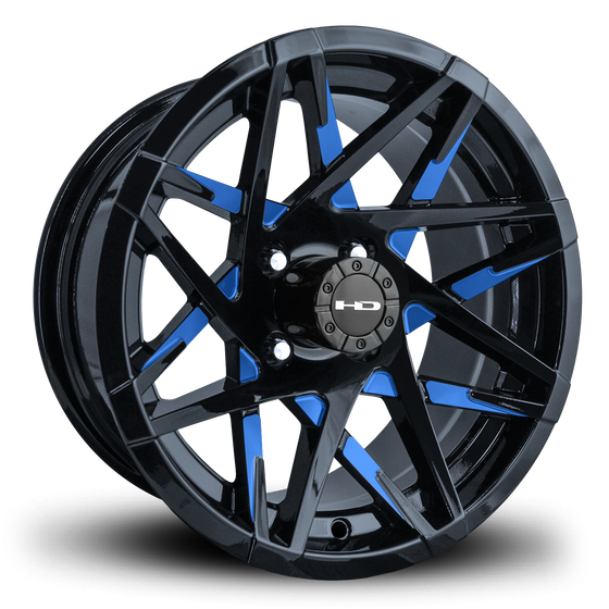 HD Golf Cart Wheels Canyon in Gloss Black with Blue Milled Face 14x7.0