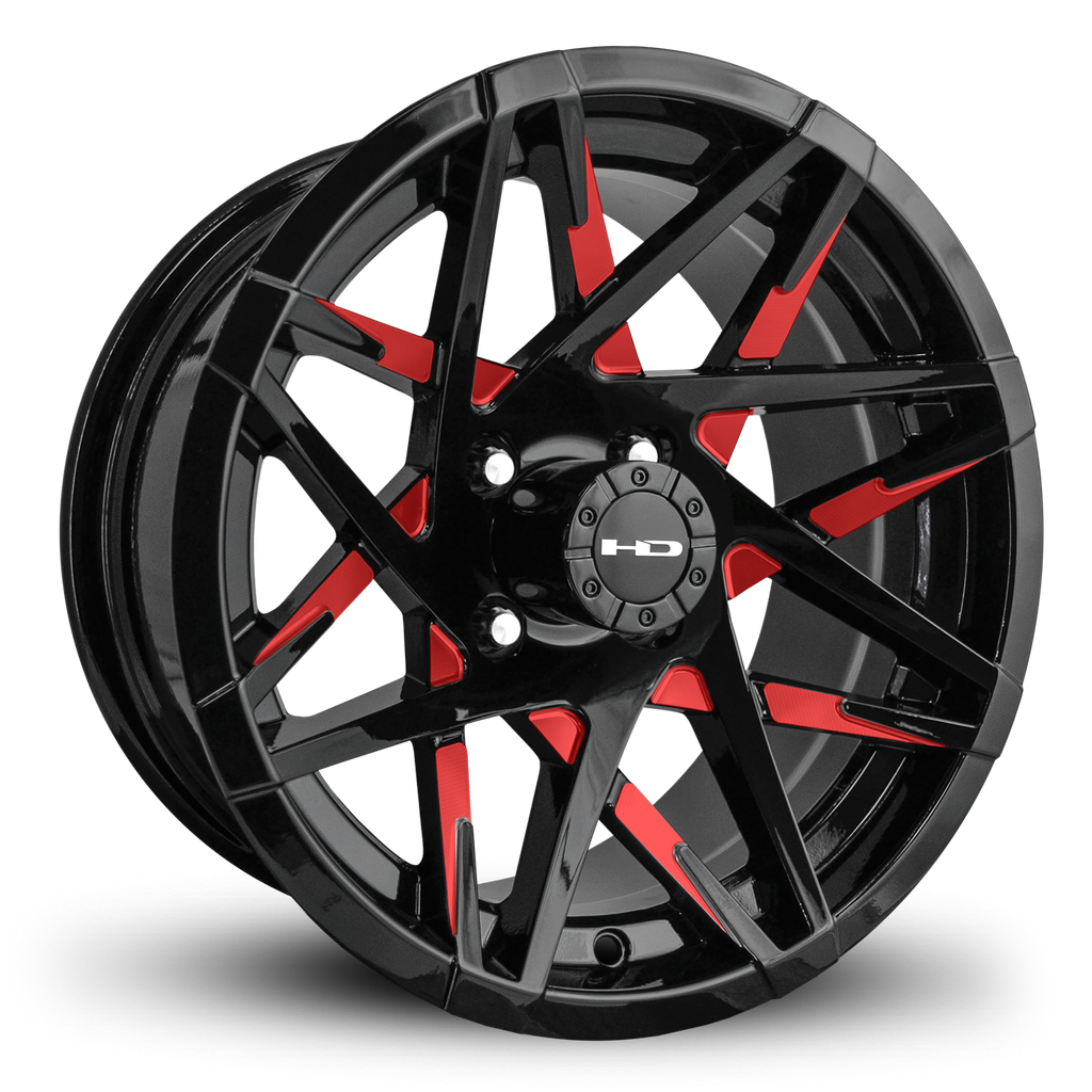 HD Golf Wheels Canyon 14x7.0 Gloss Black with Red Milled Face Red Golf Cart Wheel Rims