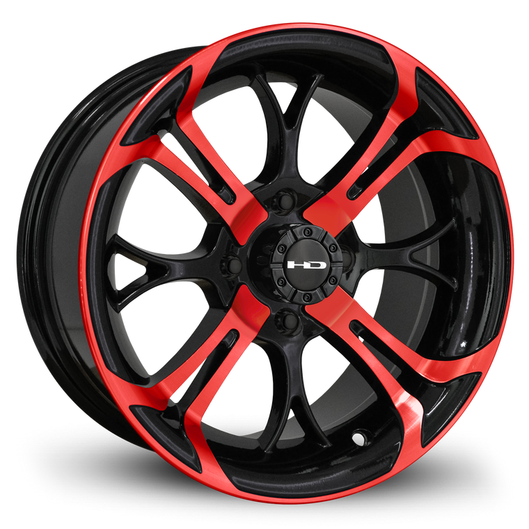 HD Golf Wheels Spinout V2 14x7.0 Gloss Black with Red Machined Face for Cushman, Club Car, EZGO, ICON, & Yamaha Cart Models