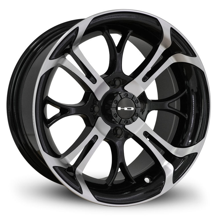 HD Golf Wheels Spinout V2 14x7.0 Gloss Black Machined Face for Cushman, Club Car, EZGO, ICON, & Yamaha Cart Models