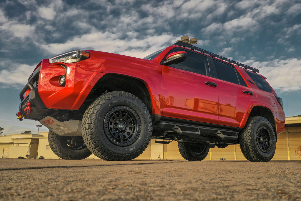 2022 Red Toyota 4-Runner TRD Permium Lifted with the HD Off-Road Overland Sector Wheels Venture 17x9.0 Alll Satin Black