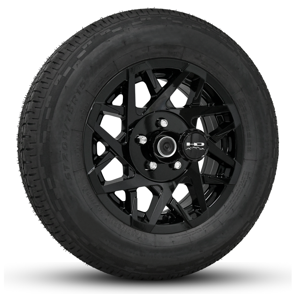 15 INCH | 5-LUG | CANYON TRAILER WHEEL & TIRE PACKAGE All Gloss Black ...