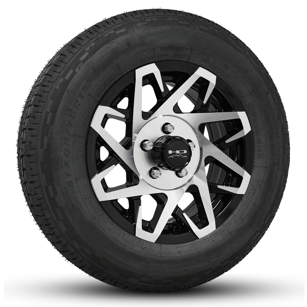15 INCH | 5-LUG CANYON TRAILER WHEEL & TIRE PACKAGES in Black Machined ...