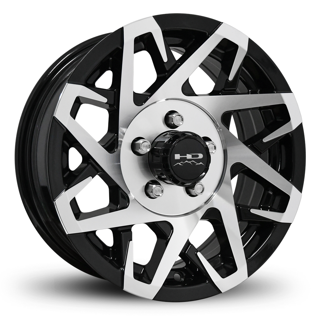 Shop Online & Buy 14x5.5 Custom 5 lug CANYON Aluminum Alloy Trailer Wheels by HD Off-Road in Gloss Black Machined Face with Concave Face for Boat, Utility, Landscaping, Concession, Plus Many More Trailer Hub Axle Types.