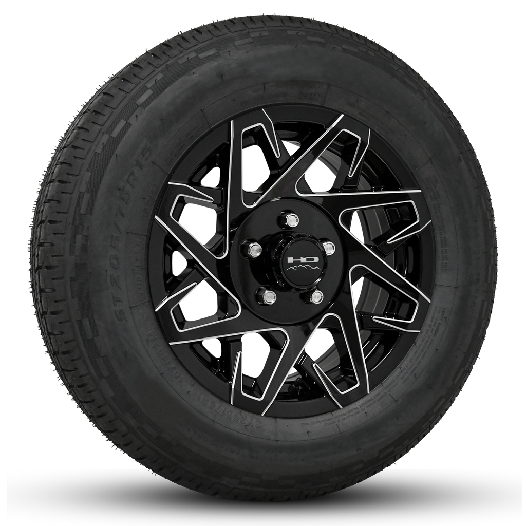 Buy Custom Aluminum Alloy Trailer Wheel Rims Online at HD Trailer in 14x5.5 Inch in 5-Lug Bolt Patterns Gloss Black Milled Edges Wheel RIm & Tire Package Combo