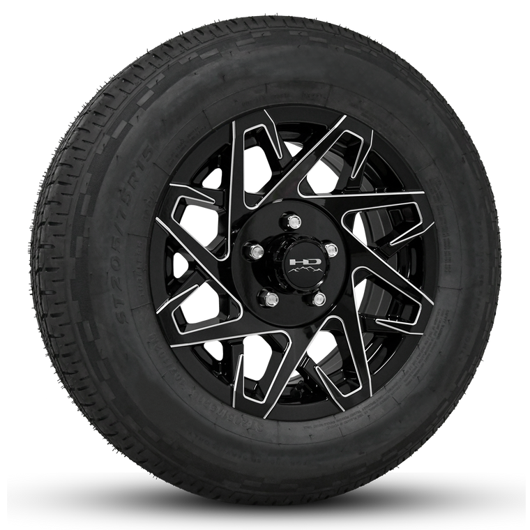 Buy Custom Aluminum Alloy Trailer Wheel Rims Online at HD Trailer in 14x5.5 Inch in 5-Lug Bolt Patterns Gloss Black Milled Edges Wheel RIm & Tire Package Combo