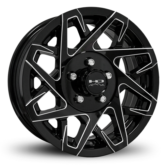 Shop Online & Buy 14x5.5 Custom 5 Lug CANYON Aluminum Alloy Trailer Wheels by HD Off-Road in Gloss Black with CNC Milled Spoke Edges with Concave Face for Boat, Utility, Landscaping, Concession, Plus Many More Trailer Hub Axle Types.
