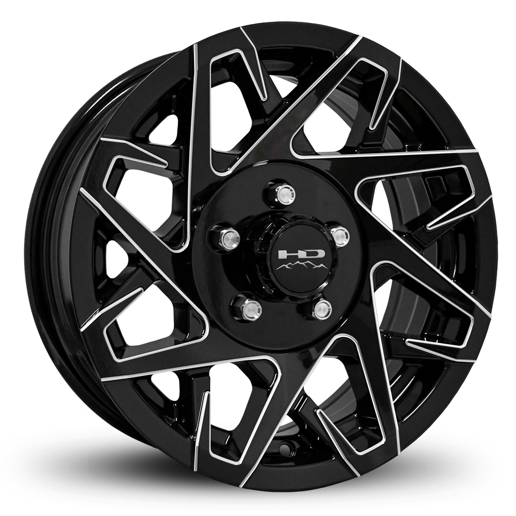 Shop Online & Buy 15x6.0 Custom 5 Lug CANYON Aluminum Alloy Trailer Wheels by HD Off-Road in Gloss Black with CNC Milled Spoke Edges with Concave Face for Boat, Utility, Landscaping, Concession, Plus Many More Trailer Hub Axle Types.