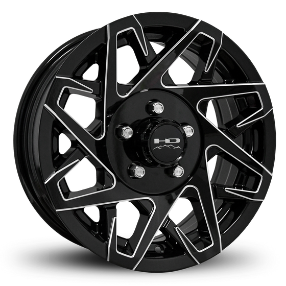 Shop Online & Buy 15x6.0 Custom 5 Lug CANYON Aluminum Alloy Trailer Wheels by HD Off-Road in Gloss Black with CNC Milled Spoke Edges with Concave Face for Boat, Utility, Landscaping, Concession, Plus Many More Trailer Hub Axle Types.