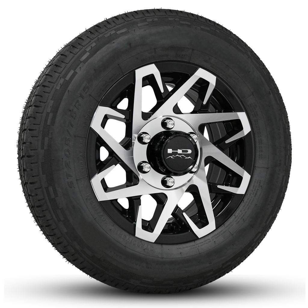 Buy the HD Trailer Canyon Wheel Rim & Tire Packages in Size 15x6.0 in 6-Lug Bolt Patterns finished in Gloss Black with Machined Face