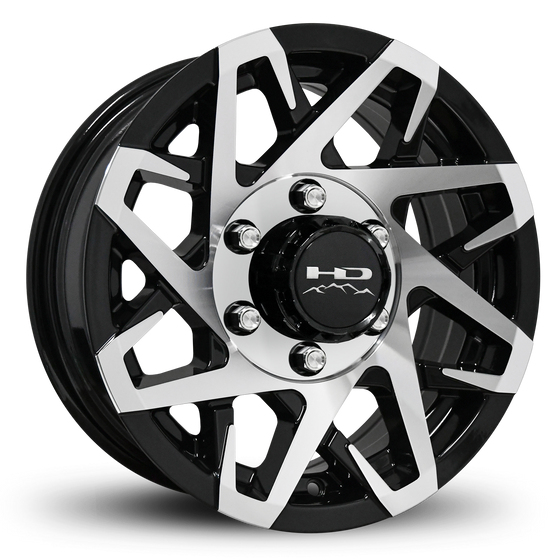 Shop Online & Buy 16x6.0 Custom 6 lug CANYON Aluminum Alloy Trailer Wheels by HD Off-Road in Gloss Black with Machined Concave Face for Boat, Utility, Landscaping, Concession, Plus Many More Trailer Hub Axle Types.