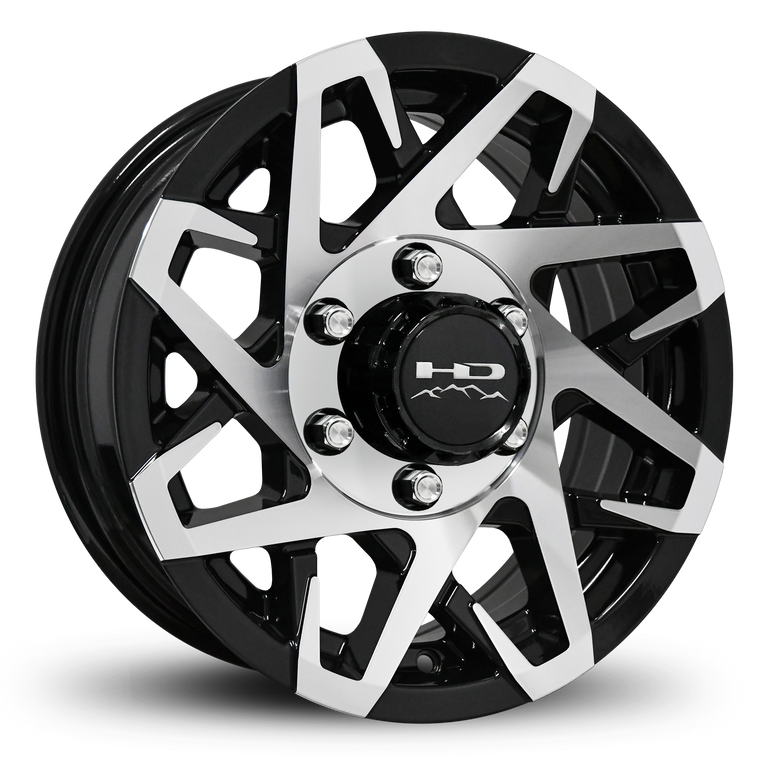 Shop Online & Buy 16x6.0 Custom 6 lug CANYON Aluminum Alloy Trailer Wheels by HD Off-Road in Gloss Black with Machined Concave Face for Boat, Utility, Landscaping, Concession, Plus Many More Trailer Hub Axle Types.