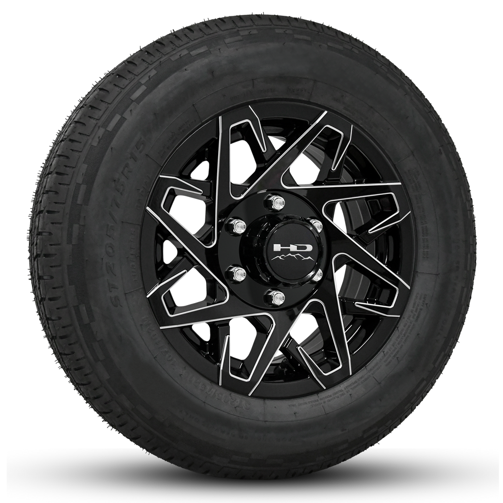 15 INCH | 6-LUG CANYON TRAILER WHEEL & TIRE PACKAGES Black Milled Edge ...