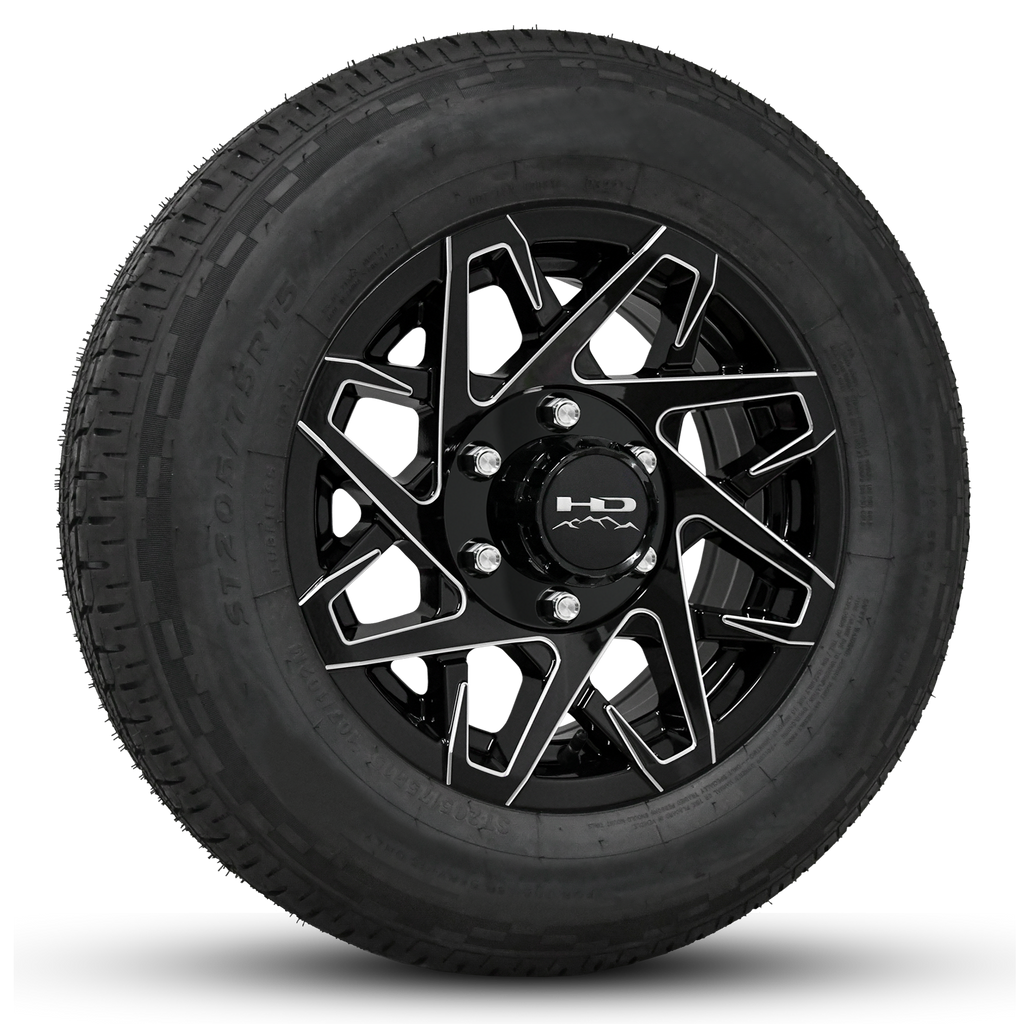 Buy HD Canyon Trailer Wheel Rim & Tire Packages in Size 16x6.0 in Bolt Pattern 6x139.7 in Gloss Black with Milled Spoke Edges.