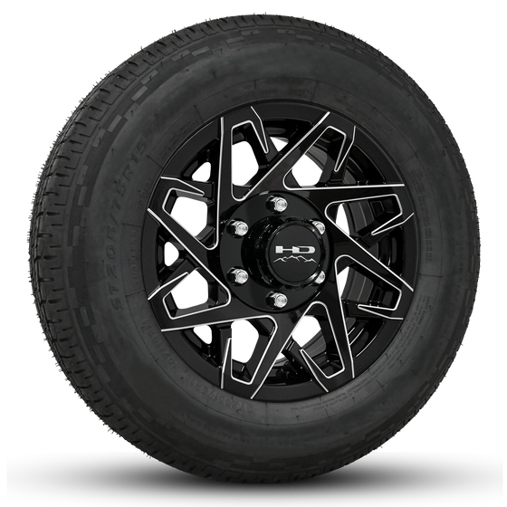 Buy HD Canyon Trailer Wheel Rim & Tire Packages in Size 16x6.0 in Bolt Pattern 6x139.7 in Gloss Black with Milled Spoke Edges.