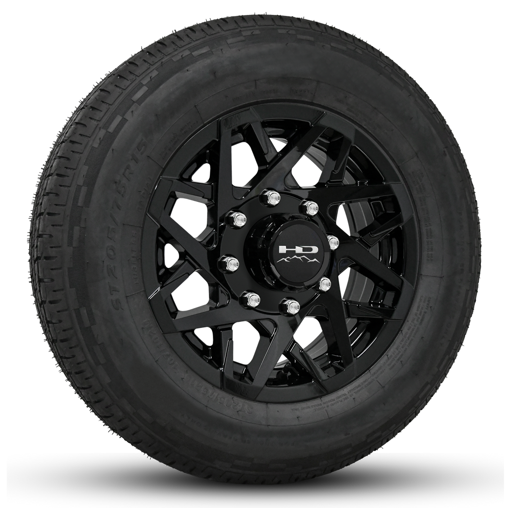 Shop Online the HD Canyon Trailer Wheel Rim & Tire Package in 16x6.0 Heavy Duty 8-Lug in All Gloss Black Finish