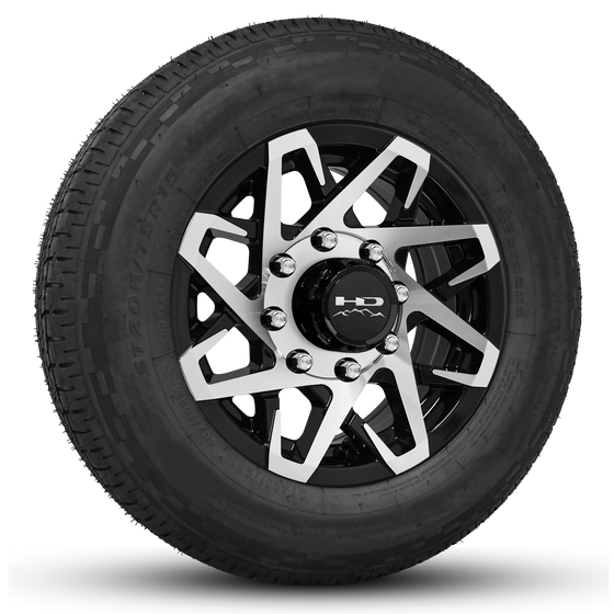 Shop the Heavy Duty Canyon Trailer Wheel RIm & Tire Packages at HD Trailer in size 16x6.0 in Bolt Pattern 8 Lug in Gloss Black with Machined Face