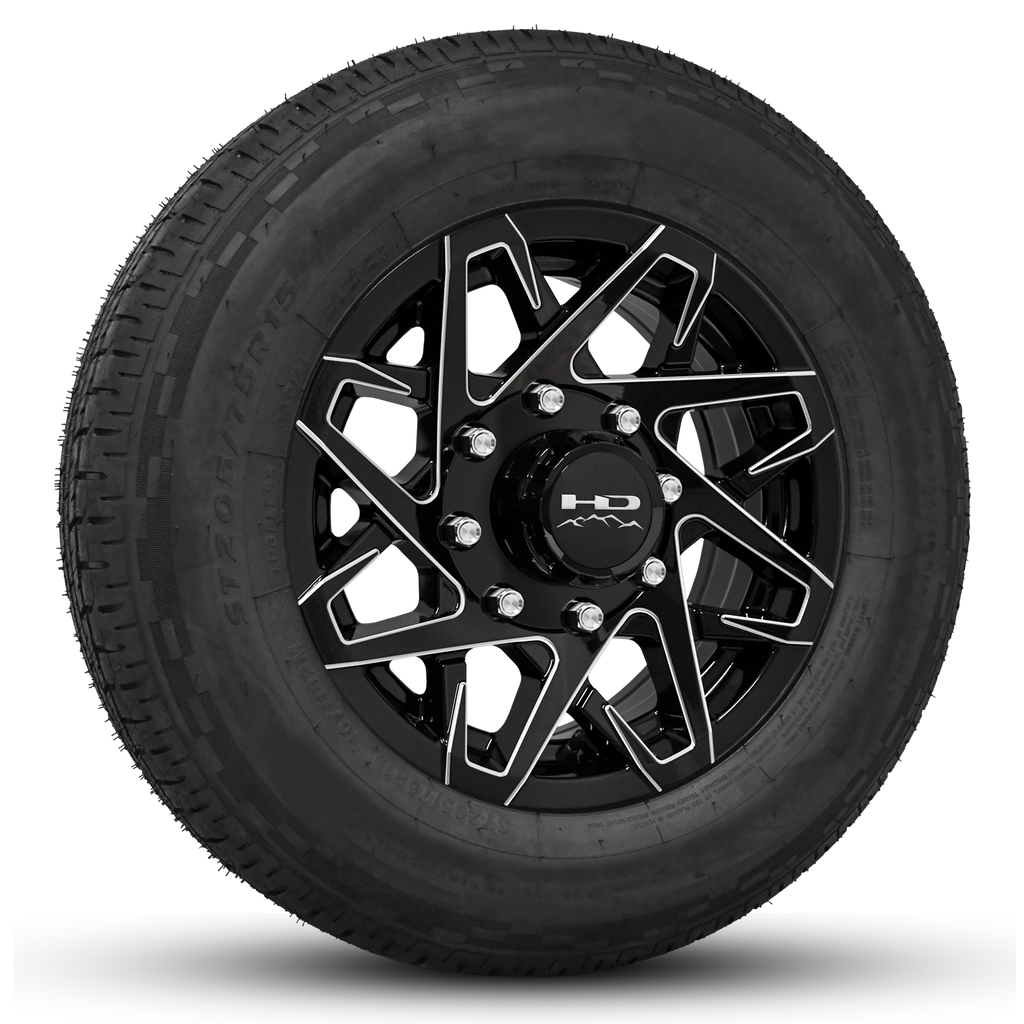 Buy the Canyon HD Trailer Wheel Rim & Tire Packages in size 16x6.0 in 8-Lug Bolt Pattern in Gloss Black with Milled Edges.
