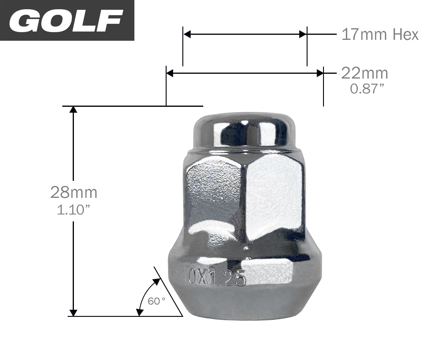 12mm x 1.25mm Small Hex Lug Nuts for ATOMIC EV and Yamaha Golf Carts in Chrome Plated Finish