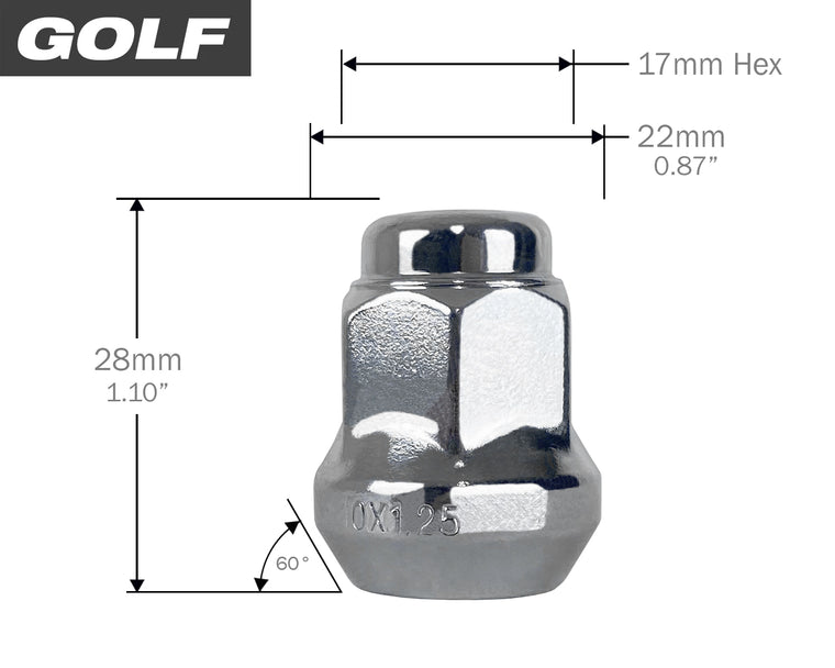 12mm x 1.25mm Small Hex Lug Nuts for ATOMIC EV and Yamaha Golf Carts in Chrome Plated Finish