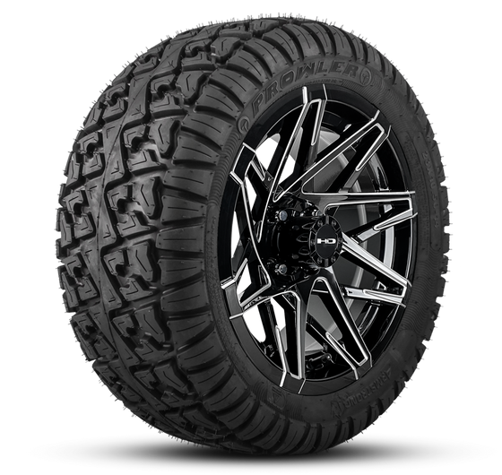 Shop the HD Golf Wheels CANYON Gloss Black Milled Edges with Turf / Street Tires online today for your Club Car, Cushman, EZGO, ICON EV, Garia, Massimo, Polaris, or Yamaha Golf Cart.