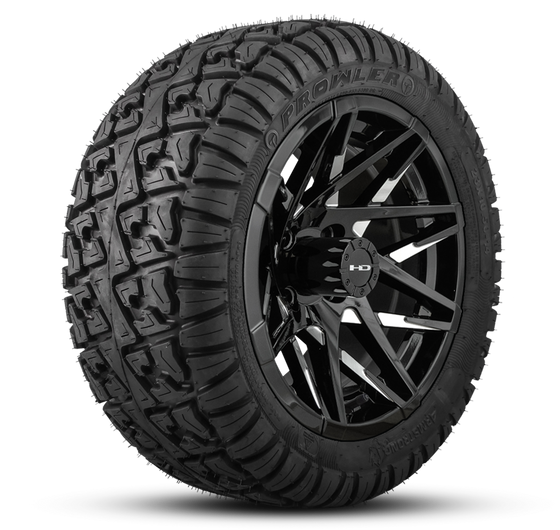 Shop the HD Golf Wheels CANYON Gloss Black Milled Face with A/T Off-Road Tires online today for your Club Car, Cushman, EZGO, ICON EV, Garia, Massimo, Polaris, or Yamaha Golf Cart.