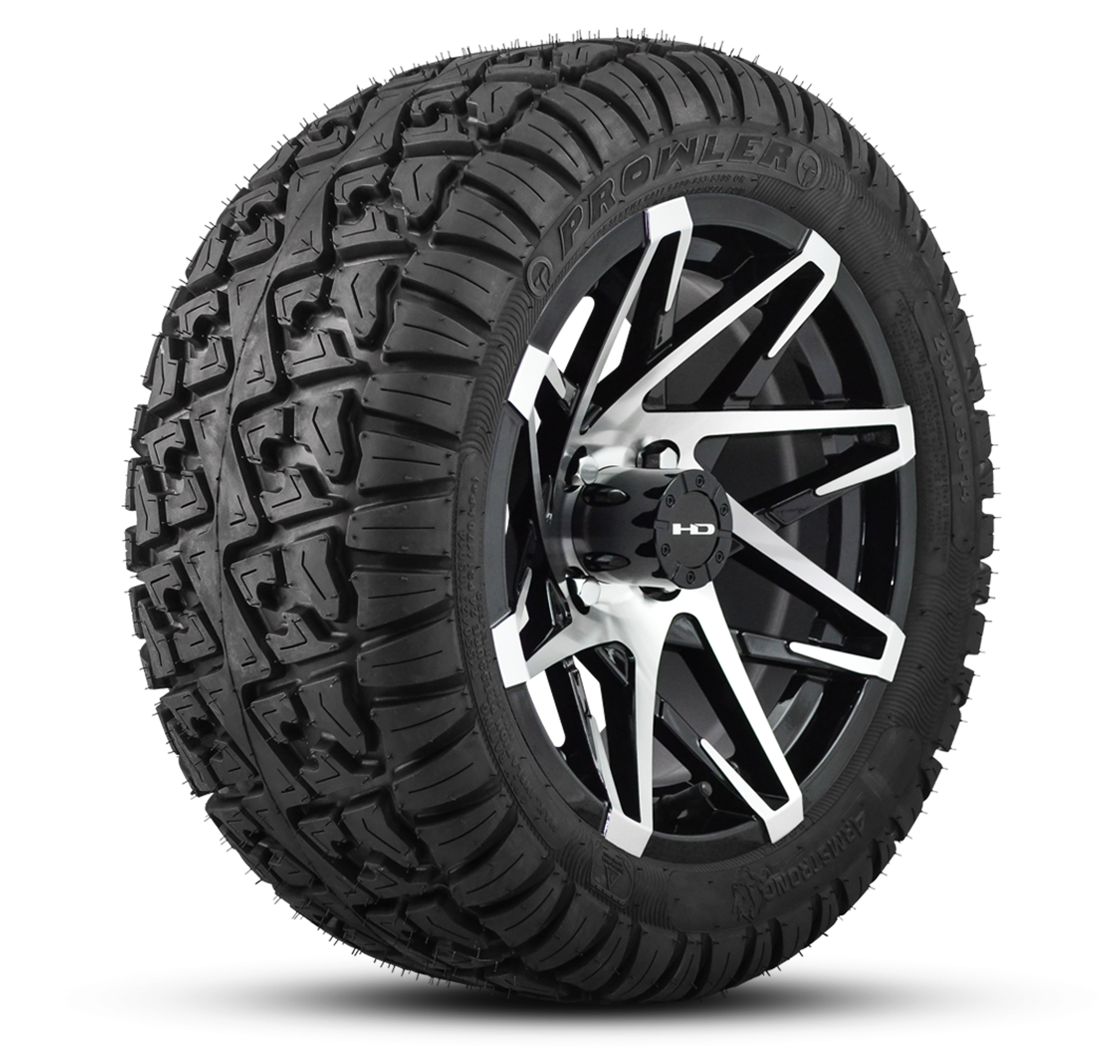 Shop the HD Golf Wheels CANYON Satin Black Machined Face with A/T Off-Road Tires online today for your Club Car, Cushman, EZGO, ICON EV, Garia, Massimo, Polaris, or Yamaha Golf Cart.