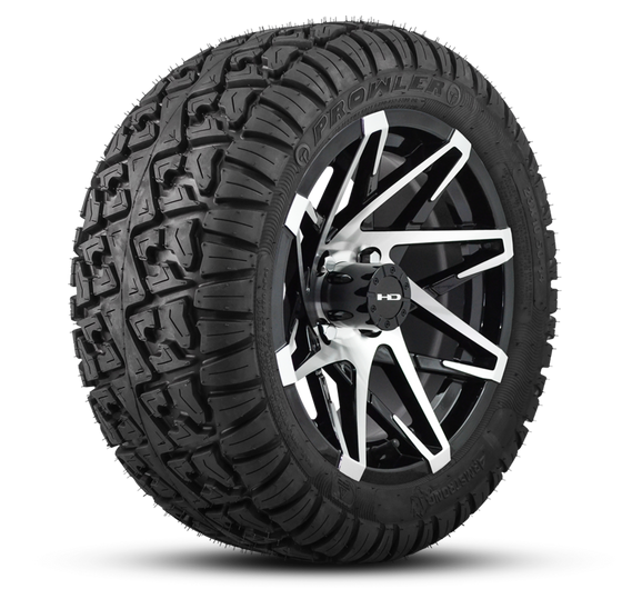 Shop the HD Golf Wheels CANYON Satin Black Machined Face with A/T Off-Road Tires online today for your Club Car, Cushman, EZGO, ICON EV, Garia, Massimo, Polaris, or Yamaha Golf Cart.