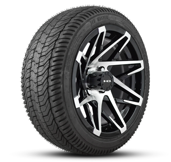 Shop the HD Golf Wheels CANYON Satin Black Machined Face with Turf / Street Tires online today for your Club Car, Cushman, EZGO, ICON EV, Garia, Massimo, Polaris, or Yamaha Golf Cart.
