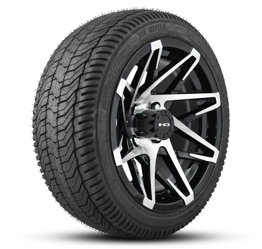 Shop the HD Golf Wheels CANYON Satin Black Machined Face with Turf / Street Tires online today for your Club Car, Cushman, EZGO, ICON EV, Garia, Massimo, Polaris, or Yamaha Golf Cart.
