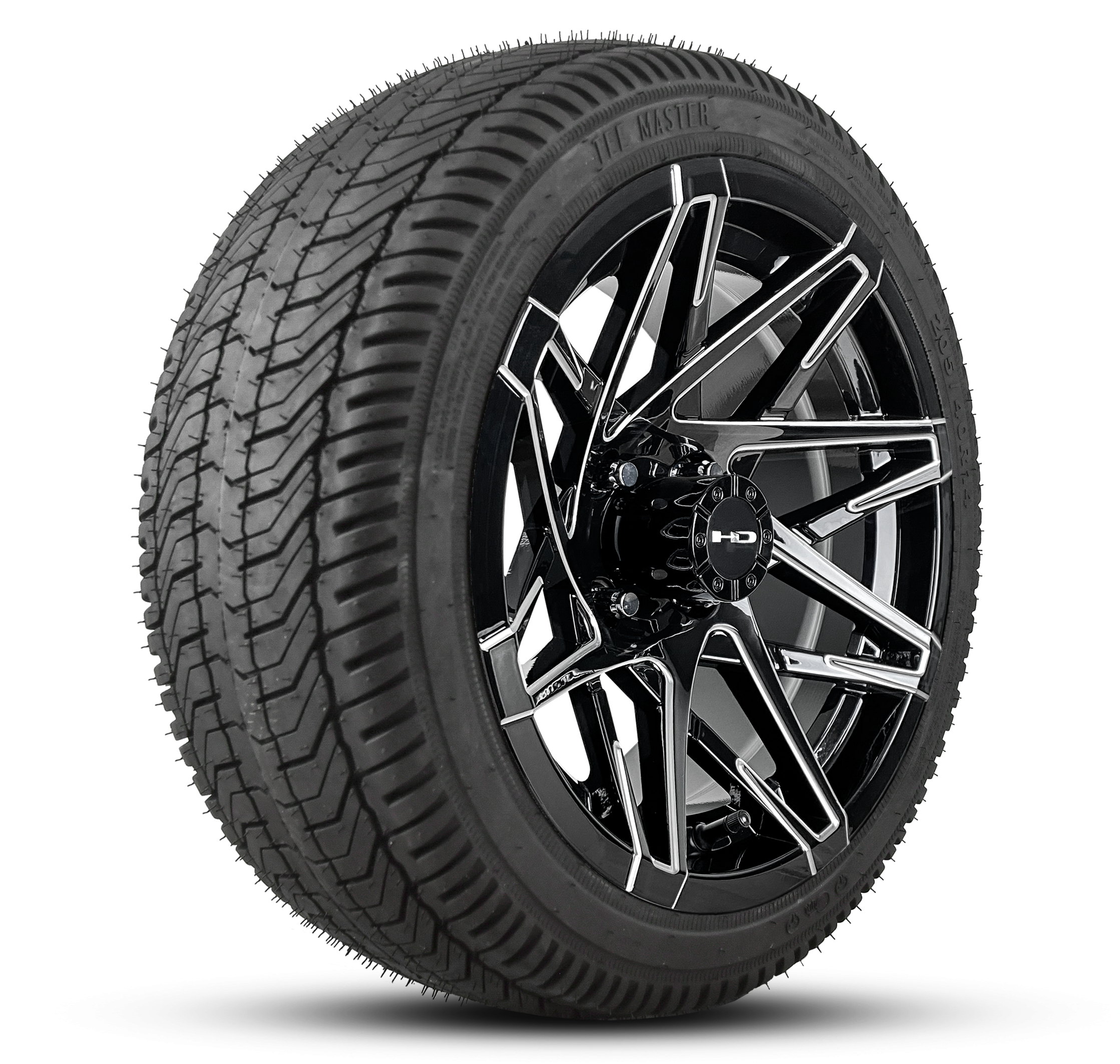 Shop the HD Golf Wheels CANYON Gloss Black Milled Edges with A/T Off-Road Tires online today for your Club Car, Cushman, EZGO, ICON EV, Garia, Massimo, Polaris, or Yamaha Golf Cart.
