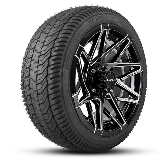 Shop the HD Golf Wheels CANYON Gloss Black Milled Edges with A/T Off-Road Tires online today for your Club Car, Cushman, EZGO, ICON EV, Garia, Massimo, Polaris, or Yamaha Golf Cart.