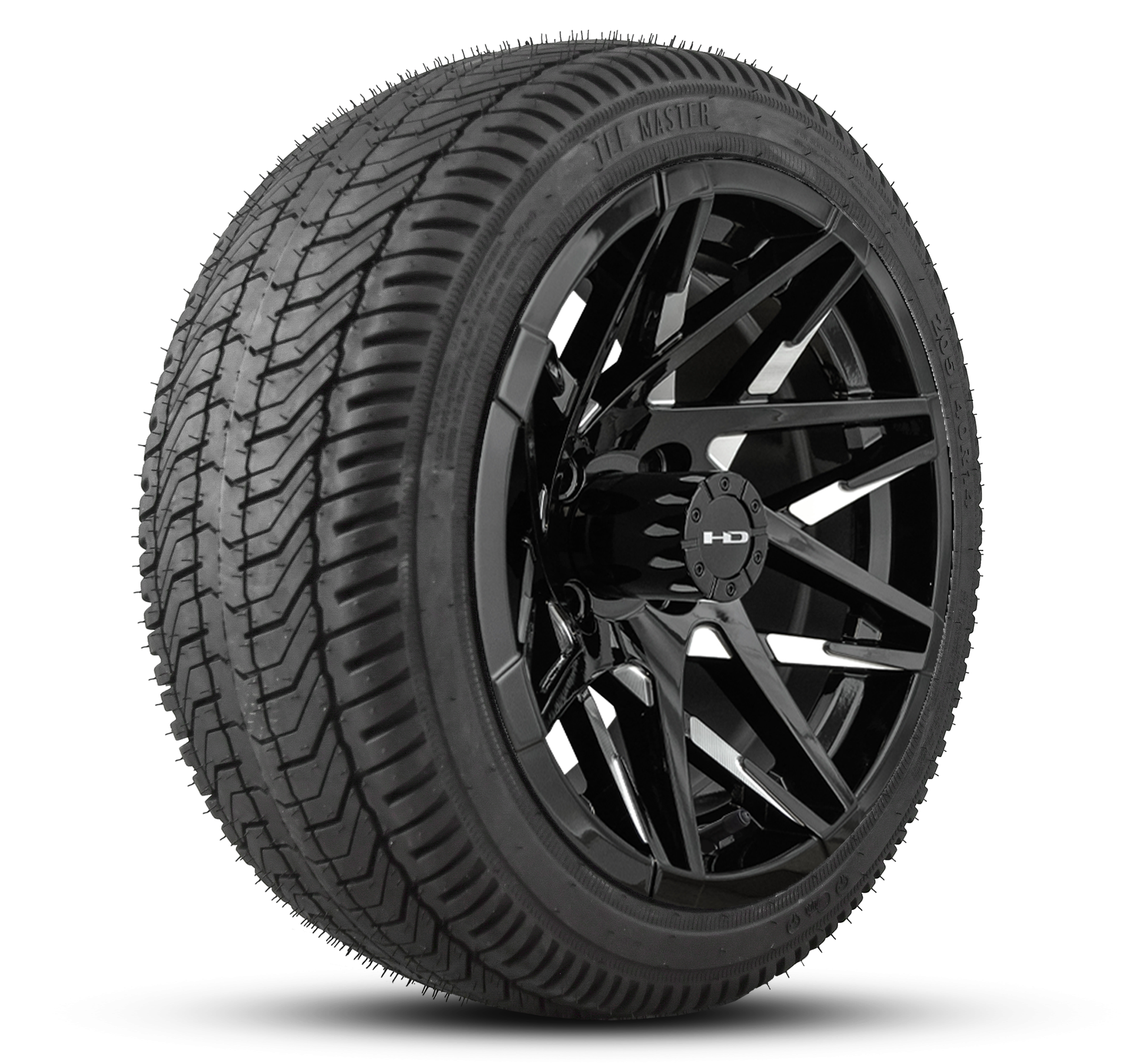 Shop the HD Golf Wheels CANYON Gloss Black Milled Edges with Turf / Street Tires online today for your Club Car, Cushman, EZGO, ICON EV, Garia, Massimo, Polaris, or Yamaha Golf Cart.