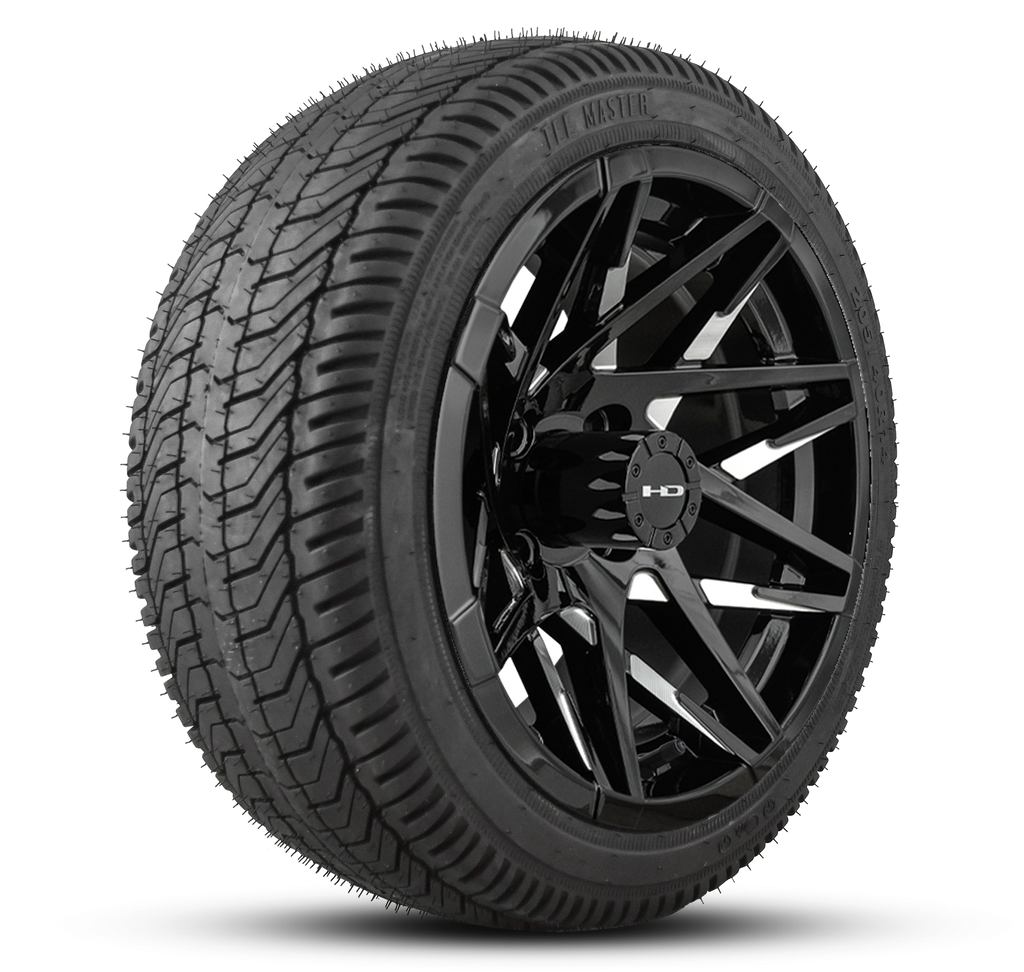 Shop the HD Golf Wheels CANYON Gloss Black Milled Edges with Turf / Street Tires online today for your Club Car, Cushman, EZGO, ICON EV, Garia, Massimo, Polaris, or Yamaha Golf Cart.