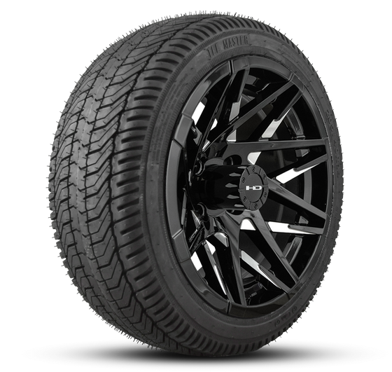 Shop the HD Golf Wheels CANYON Gloss Black Milled Edges with Turf / Street Tires online today for your Club Car, Cushman, EZGO, ICON EV, Garia, Massimo, Polaris, or Yamaha Golf Cart.