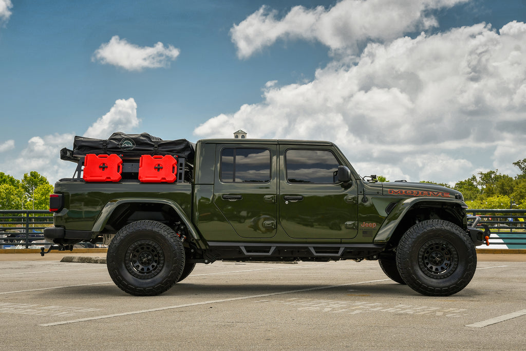 HD Off-Road Overland Sector 17x9.0 Venture Wheel Rims in All Satin Black on Lifted Sarge Green Jeep Gladiator Adventure.