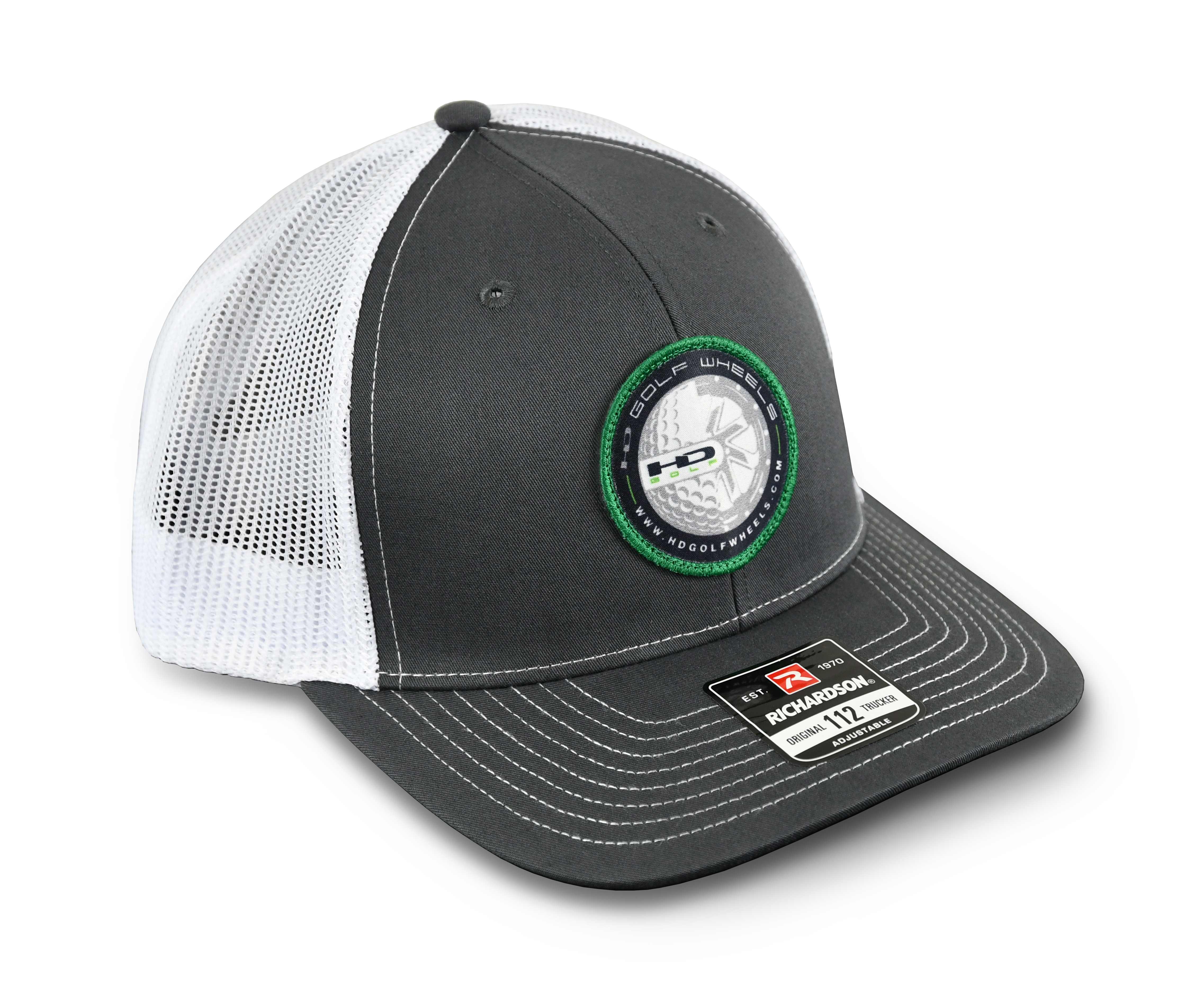 HD Golf Cart Wheels Official Branded Richardson 112 Snap Back Sport Hat White, Gray, & Green