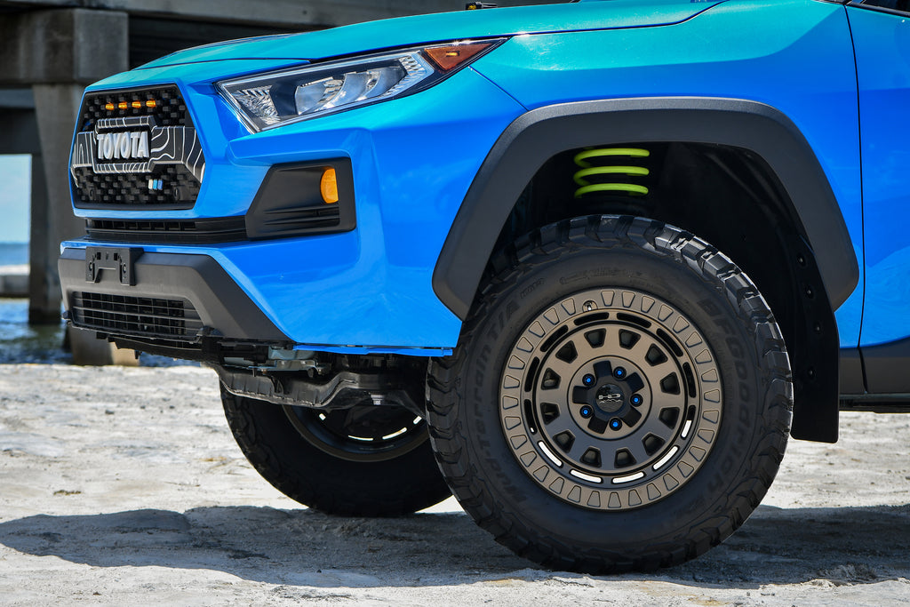 Lifted Toyota RAV-4 Blue Flame White with HD Off-Road Overland Sector Venture 17x9.0 in All Satin Bronze 0mm Offset Adventure Outdoor Style Wheel Rims