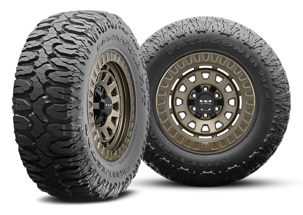 MILESTAR Patagonia M/T-02 Mud Terrain Tire with the HD Off-Road Overland Sector Venture in 17x9.0 All Satin Bronze Angled & Flat Shot Mounted & Balanced Package