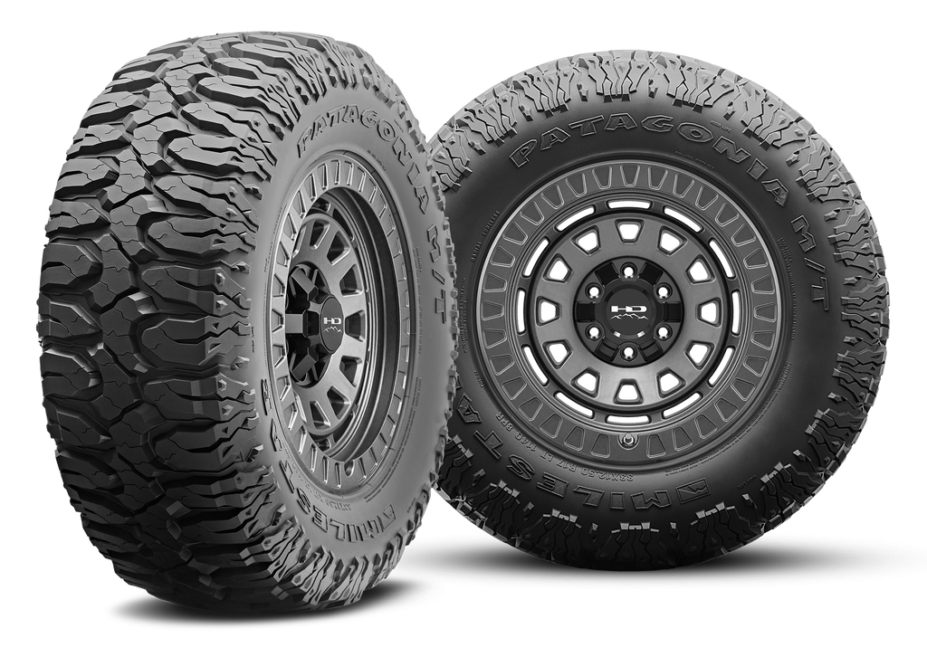 MILESTAR Patagonia M/T-02 Mud Terrain Tire with the HD Off-Road Overland Sector Venture in 17x9.0 All Satin Grey Angled & Flat Shot Mounted & Balanced Package