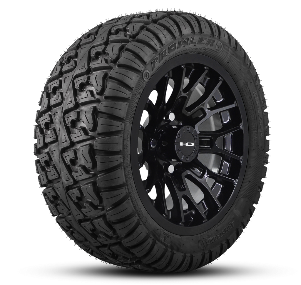Shop the HD Golf Wheels RTC All Gloss Black with A/T Off-Road Tires online today for your Club Car, Cushman, EZGO, ICON EV, Garia, Massimo, Polaris, or Yamaha Golf Cart.