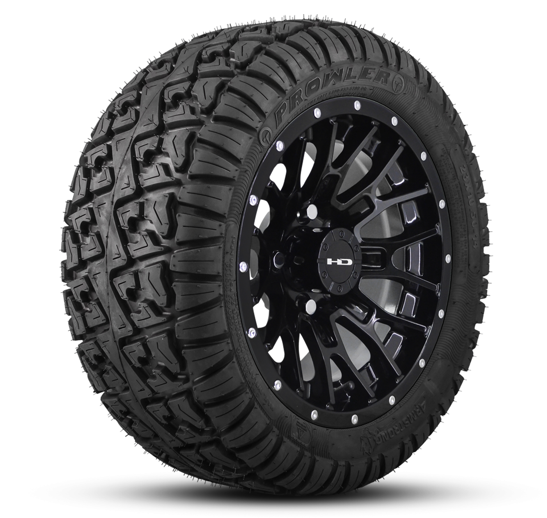 Shop the HD Golf Wheels RTC All Gloss Black Lip Rivets with A/T Off-Road Tires online today for your Club Car, Cushman, EZGO, ICON EV, Garia, Massimo, Polaris, or Yamaha Golf Cart.