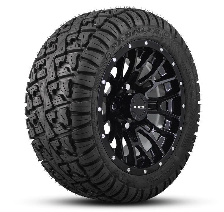 Shop the HD Golf Wheels RTC All Gloss Black Lip Rivets with A/T Off-Road Tires online today for your Club Car, Cushman, EZGO, ICON EV, Garia, Massimo, Polaris, or Yamaha Golf Cart.