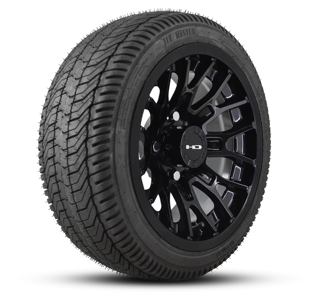 Shop the HD Golf Wheels RTC All Gloss Black with Turf / Street Tires online today for your Club Car, Cushman, EZGO, ICON EV, Garia, Massimo, Polaris, or Yamaha Golf Cart.