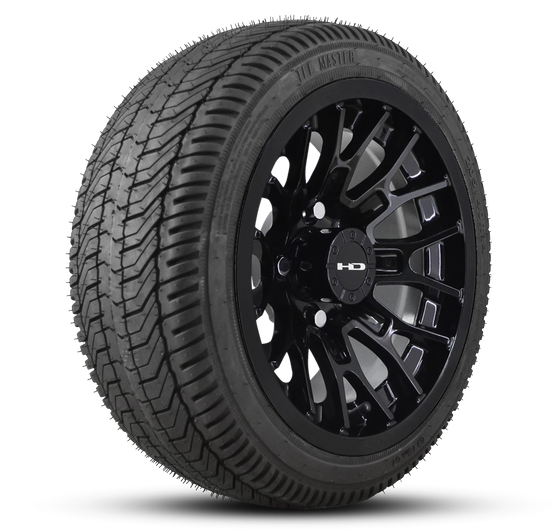 Shop the HD Golf Wheels RTC All Gloss Black with Turf / Street Tires online today for your Club Car, Cushman, EZGO, ICON EV, Garia, Massimo, Polaris, or Yamaha Golf Cart.