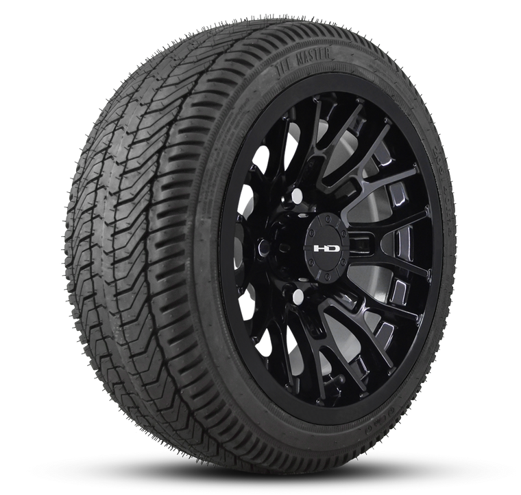 Shop the HD Golf Wheels RTC All Gloss Black with Turf / Street Tires online today for your Club Car, Cushman, EZGO, ICON EV, Garia, Massimo, Polaris, or Yamaha Golf Cart.